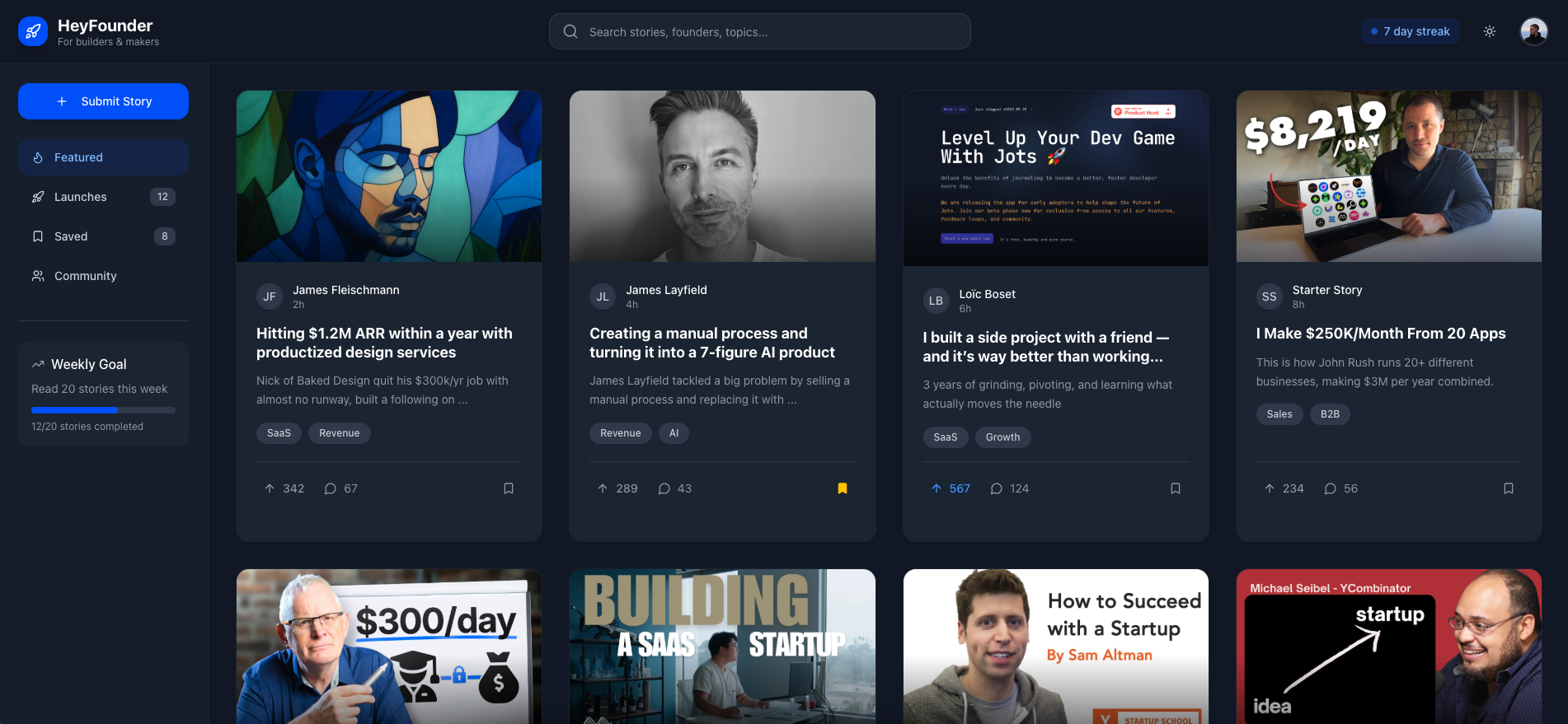 HeyFounder Chrome extension showing real founder success stories with revenue numbers